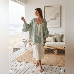 Boho Polka Dot Kimono Cardigan Sage Green Ruffle Sleeve Coastal Minimalist OS